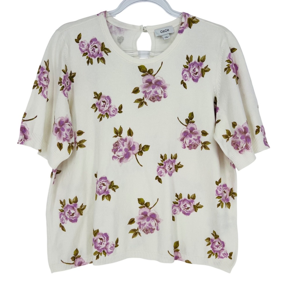CeCe Floral Knit Sweater Women XL White Purple Short Sleeve Keyhole Back Cottage